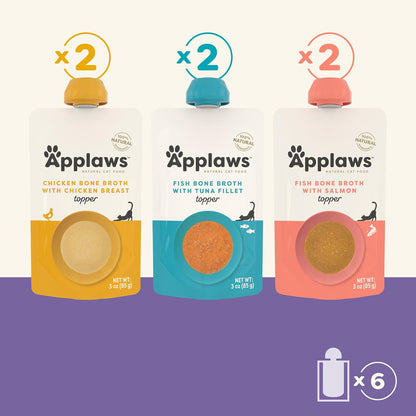 Applaws Natural Bone Broth Wet Cat Food Topper, Limited Ingredient Broth for Cats, Protein Wet Food Topper for Cats, Fish and Chicken Variety Pack(6 x 3oz Spout Pouches)