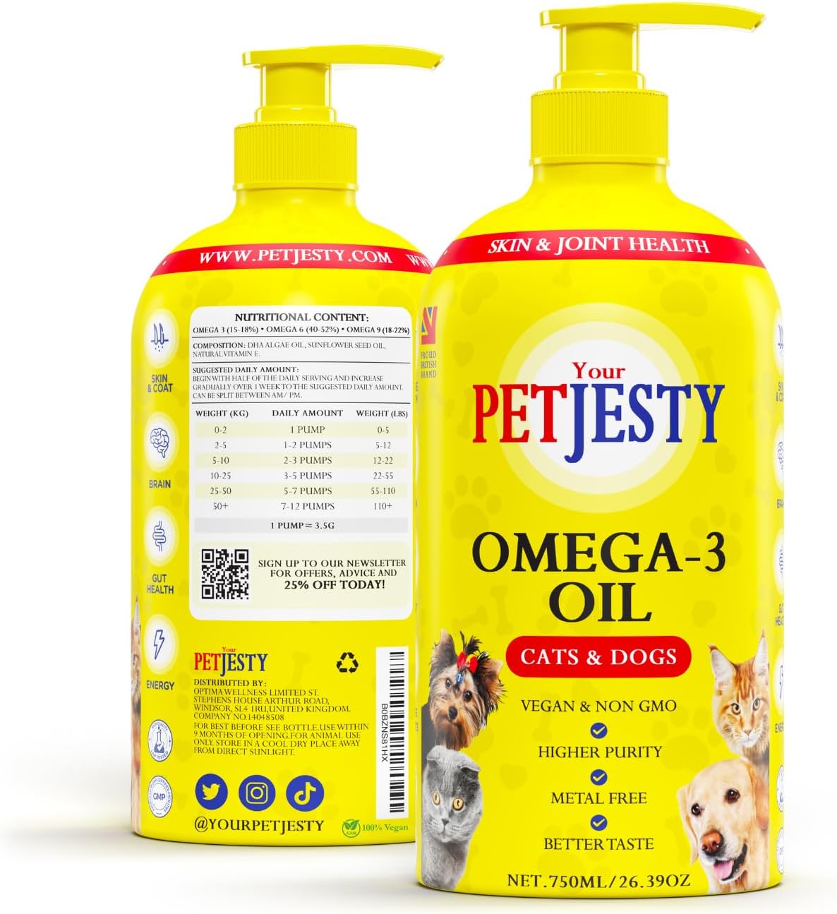 PetJesty Pure Omega 3 Oil for Dogs & Cats 26.39oz - Omega 3 Skin & Coat Support- Liquid Food Supplement for Pets - Vegan pet + DHA for Joint Function, Immune & Heart Health, Non Fish Oil Dog and Cat