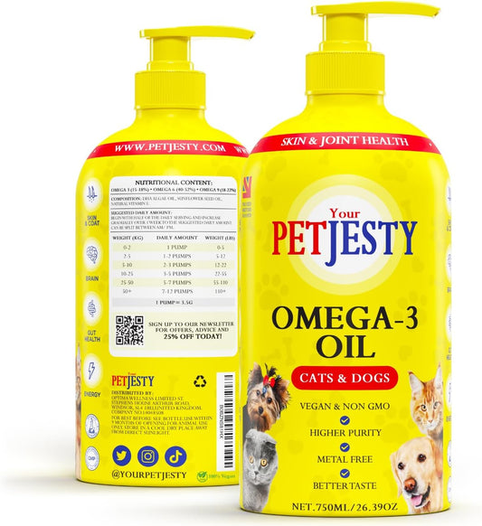 PetJesty Pure Omega 3 Oil for Dogs & Cats 26.39oz - Omega 3 Skin & Coat Support- Liquid Food Supplement for Pets - Vegan pet + DHA for Joint Function, Immune & Heart Health, Non Fish Oil Dog and Cat