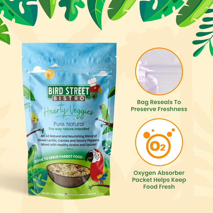 Bird Street Bistro Parrot Food - Parakeet & Cockatiel Food - Cooks in 3-15 min w/Natural & Organic Grains, Legumes, Non-GMO Fruits, Vegetables & Health-Oriented Spices