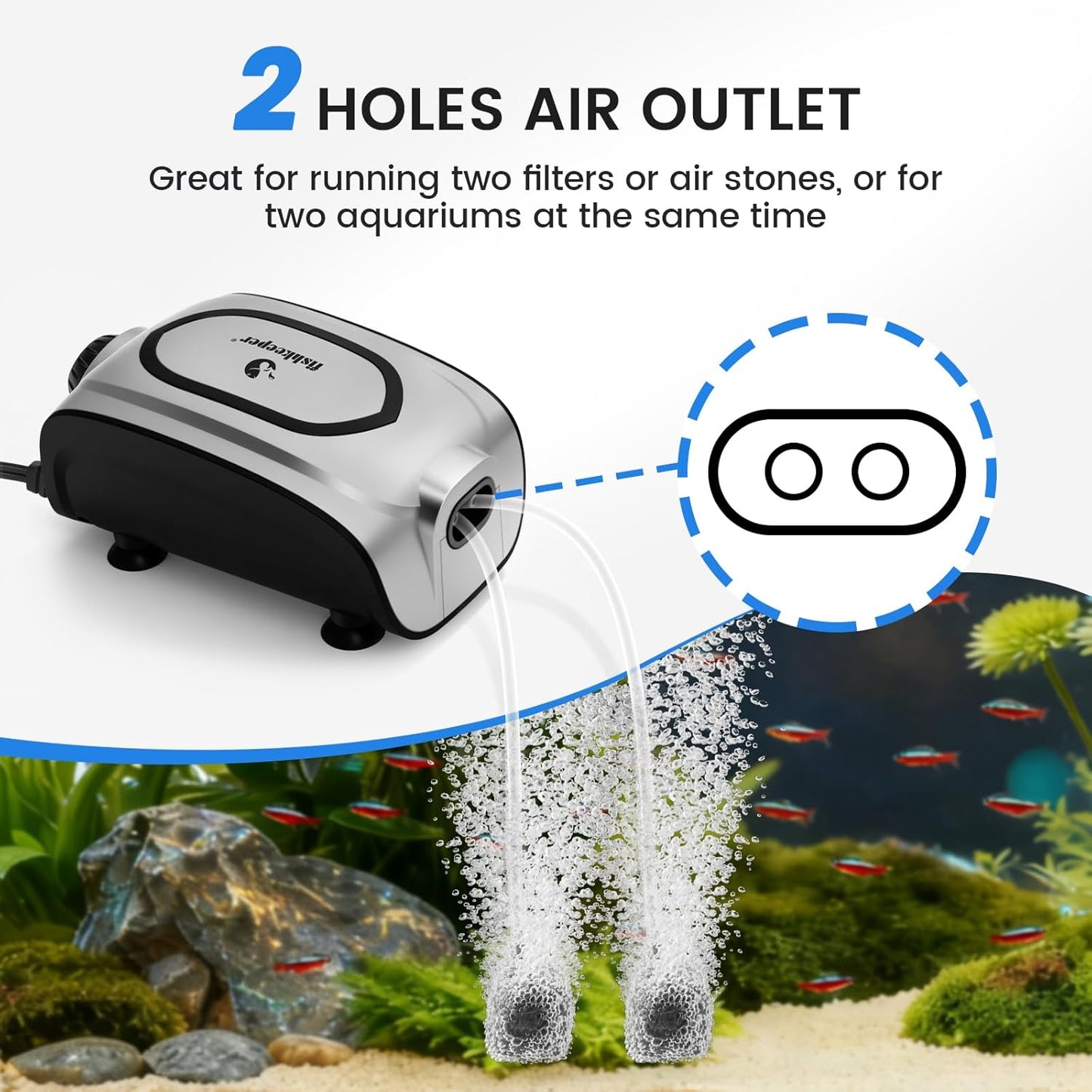 fishkeeper Quiet 3W/5W Aquarium Air Pump - Small & Powerful Dual Outlet Fish Tank Air Pump, Adjustable Oxygen Aerator Pump with Air Stone Bubbler Kits for 1-160Gal Fish Tanks (Silver-Gray, 2025 New)
