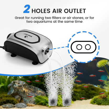 fishkeeper Quiet 3W/5W Aquarium Air Pump - Small & Powerful Dual Outlet Fish Tank Air Pump, Adjustable Oxygen Aerator Pump with Air Stone Bubbler Kits for 1-160Gal Fish Tanks (Silver-Gray, 2025 New)
