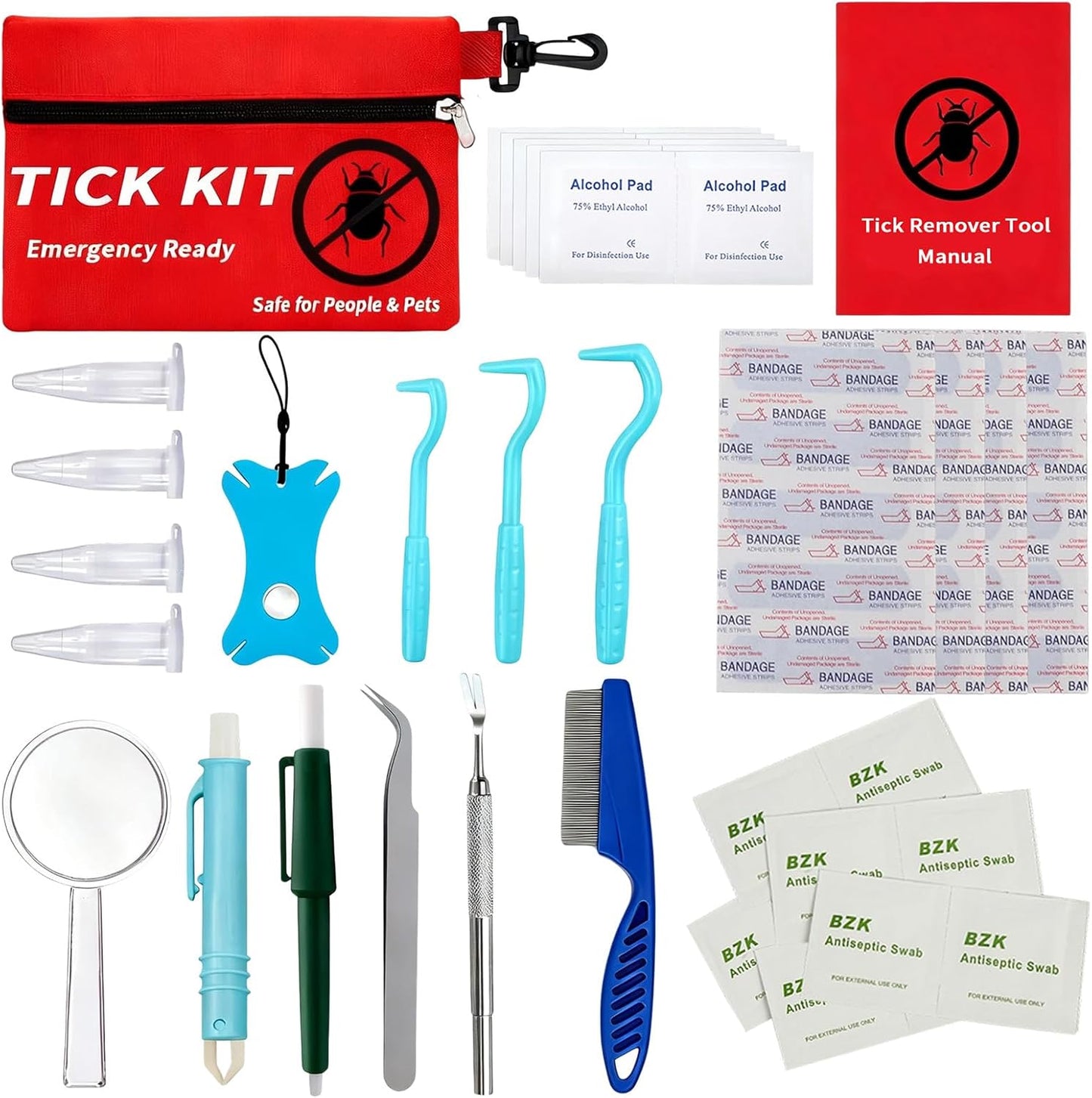 Premium Tick Remover Kit for Dogs and Humans - 54 in 1 Hiking Essentials with First Aid Case, Stainless Steel Tick Remover + Tweezers, Tick Remover Tools for Dogs Cats Pet Tick Comb