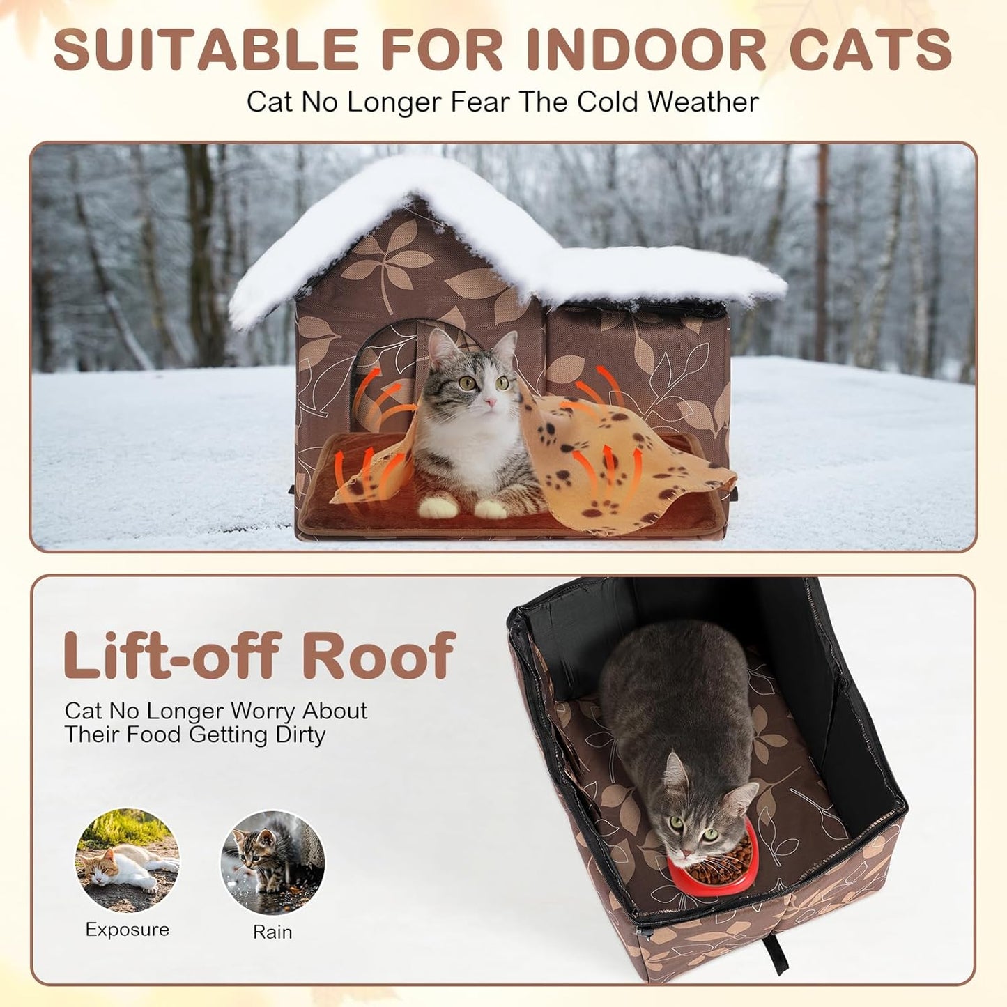 3 Pcs 21"x 18" Outdoor Waterproof Cat House with Curtained Door Self Warming Pad Blanket Large Feral Cat Shelter Winter Leaf Collapsible Kitty Dog Bed Outside, 3 Tent Stakes, Easy Assemble