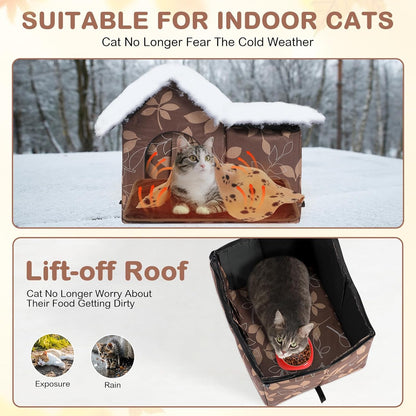 3 Pcs 21"x 18" Outdoor Waterproof Cat House with Curtained Door Self Warming Pad Blanket Large Feral Cat Shelter Winter Leaf Collapsible Kitty Dog Bed Outside, 3 Tent Stakes, Easy Assemble