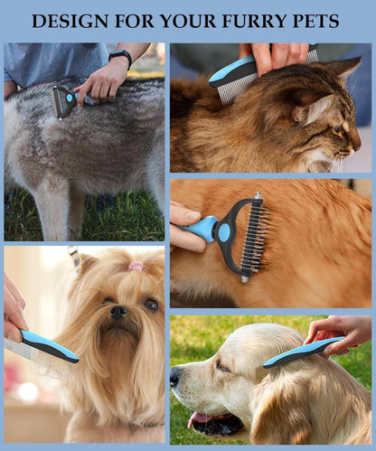 Professional Dog & Cat Grooming Kit - 2-in-1 Deshedding Brush & Dematting Comb for Long Haired Pets, Detangle Matted Fur, Reduce Shedding, Stainless Steel Tools