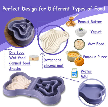 Bone Slow Feeder Bowl for Dogs Cats - 2-in-1 Lick Mat & Water Dish with 6 Non-Slip Pads, Food-Grade PP & Silicone Pet Bowl for Anti-Choking，Fun Feeding，Anxiety Relief (Purple)