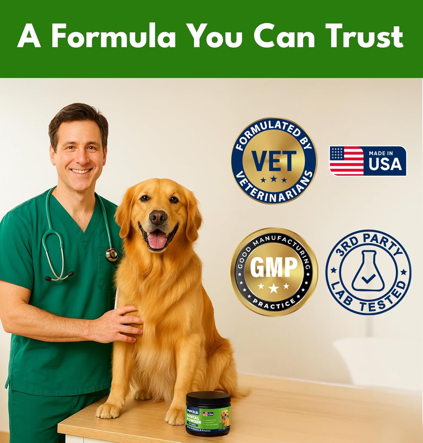 Pupzle Dog Teeth Cleaning Powder for Fresh Breath, Dog Dental Powder, Tartar & Plaque Focused, Natural Breath Freshener, Pet Dental Supplement with Probiotics for Gut Health, Mint, 60 Days Supply