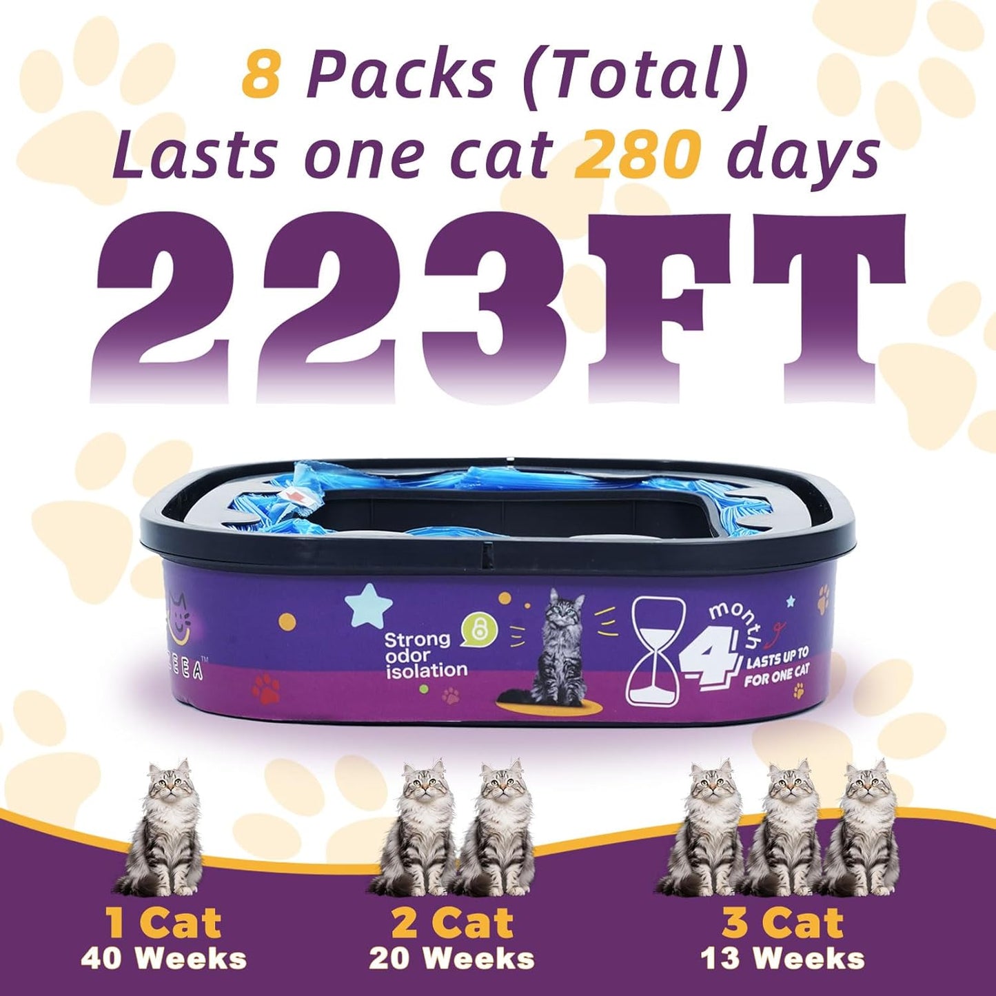 8 Pack Cat Litter Refill Bags Cartridge Compatible with Genie Cat Litter Standard, Plus and XL Plus Pails Easy-Lock Odor Control (NOT Compatible with XL)