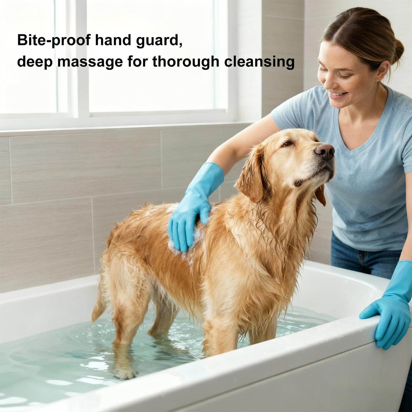 Pet Grooming Gloves, Pet Hair Remover, 2-in-1 Heat Resistant Silicone Gloves with High-Density Teeth, Enhanced Five Finger Design for Bathing, Cleaning Dishes, Cars, Dogs & Cats (Blue)