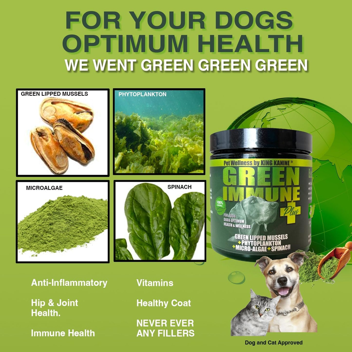 King Kanine Tripple Wellness Combo - Pet Wellness Bundle – Green Inmune Plus, Strong Plus Probiotic with Protein & Joints, Mushroom Plus – Daily Support for Dogs & Cats