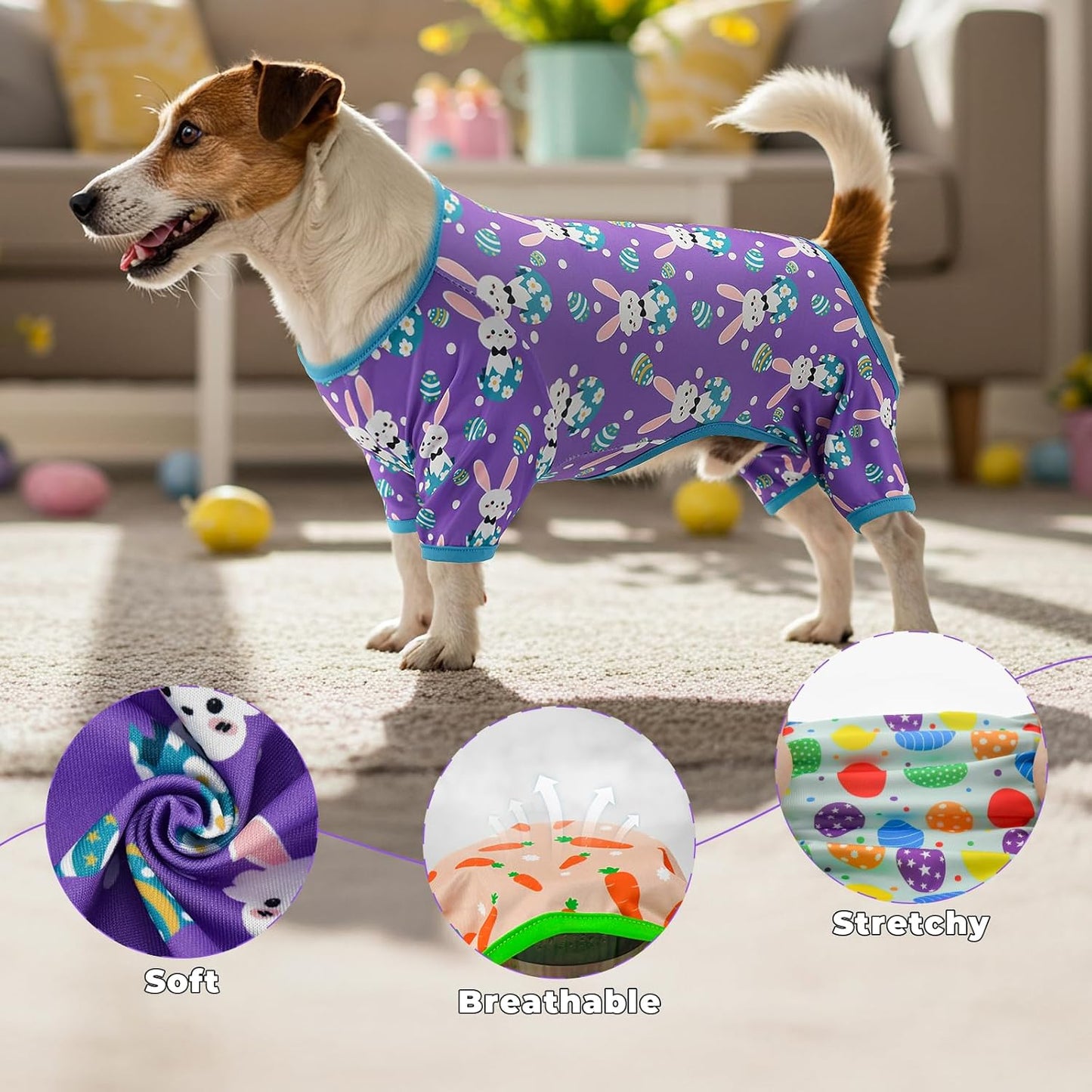Vehomy 4-Pack Pet Dog Easter Pajama Puppy Easter Onesies Cat Pjs with Easter Egg Carrot Bunny Stripes Patterns for Small Dogs Easter Dog Clothes Outfits Shirts Jumpsuits XXL