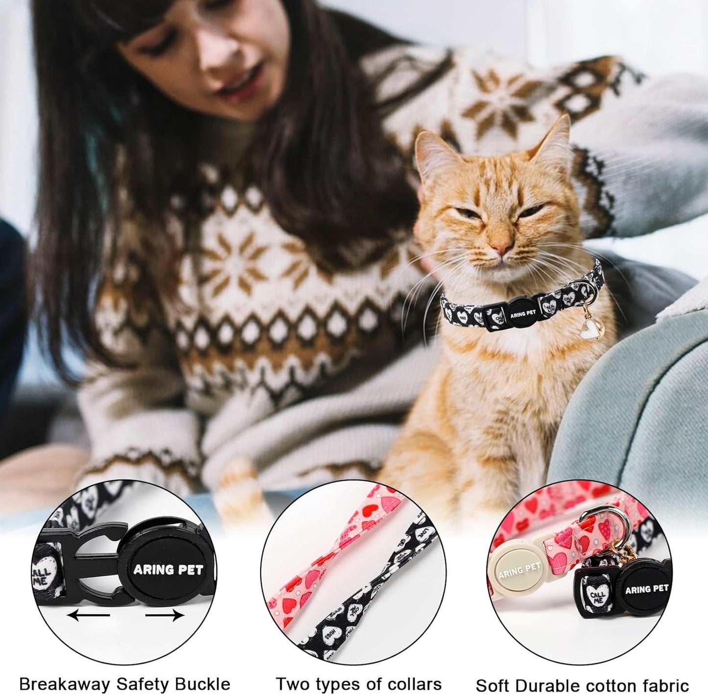ARING PET 2 Pack Valentine's Day Cat Collar, Breakaway Kitten Small Black White Pink Heart Collars with Bells for Girl Boy Cats