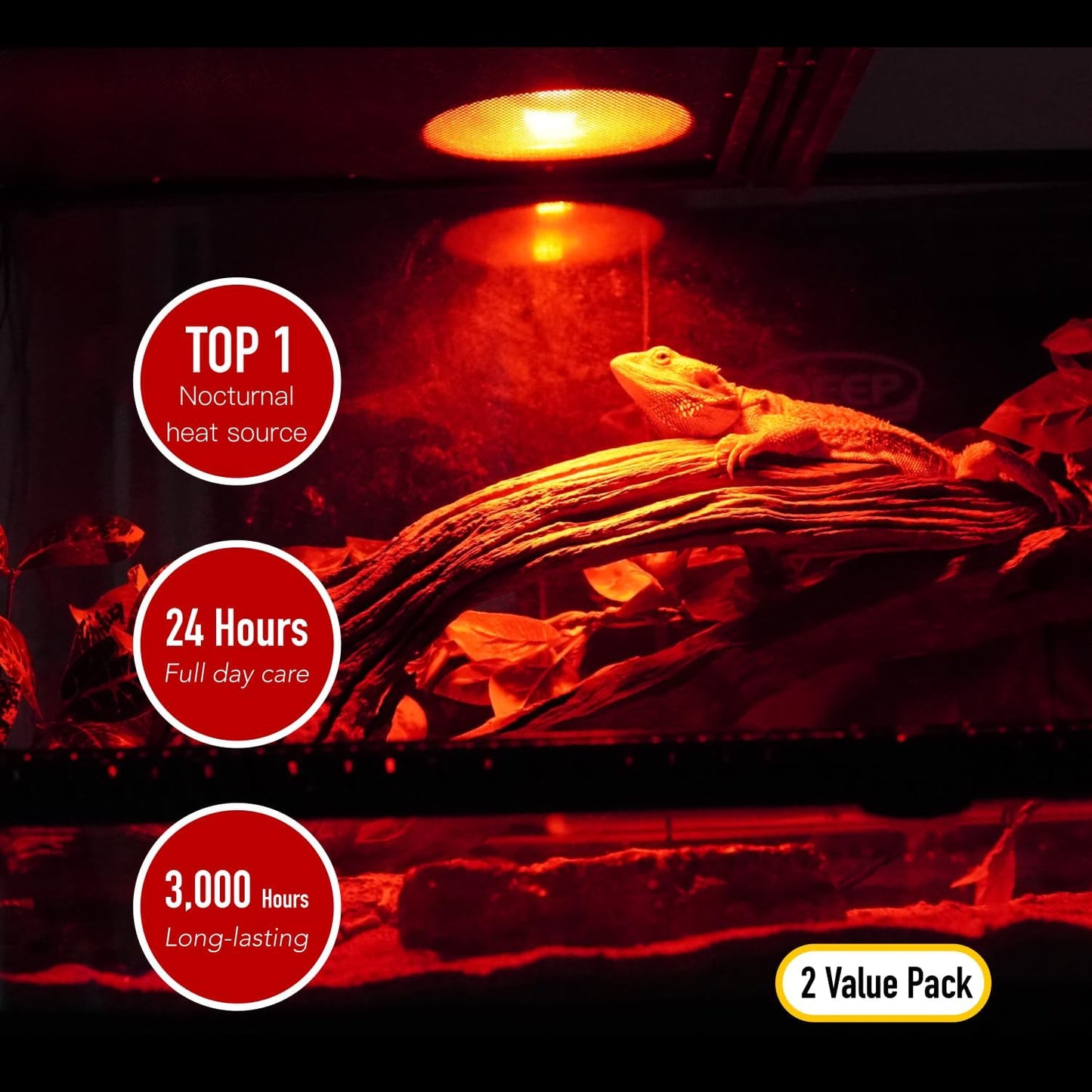 Reptile Heat Lamp, 2 Pack 75W Intense and Infrared Basking Bulbs Light for Reptiles, UVA Daylight Night Red Basking Light for Bearded Dragon, Lizard, Gecko,Reptile Heat Bulb