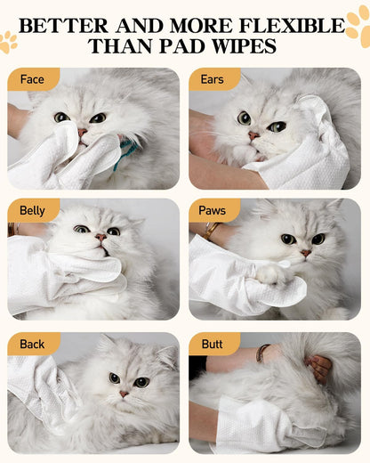 Pet Glove Wipes for Dogs and Cats, Disposable Finger Cleaning Gloves, Gentle Pet Wipes for Paws, Face & Ears, Deodorizing & Moisturizing, Soft & Thick Dog Wipes for Daily Grooming