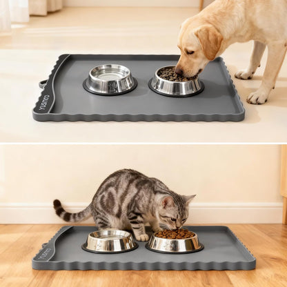 Dog Food Mat 20" x 15", Waterproof Silicone Pet Feeding Mat with Raised Edge & Residue Pocket, Non-Slip Bowl Mat for Dog Cat Food and Water, Easy to Clean Floor Protector
