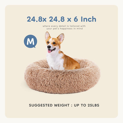 DUMOS 24x24 Inch Calming Donut Dog Beds for Medium Dogs, Machine Washable Cuddler Warming Cozy Fluffy Faux Fur Plush Round Pet Bed, Anti-Slip Bed for Indoor Dogs and Cats, Brown