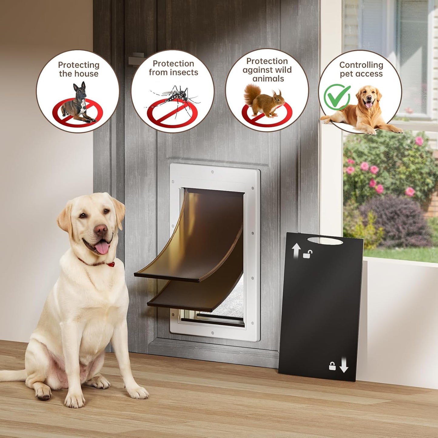 Never Rust Dog Door with Durable Plastic Frame, Large Doggy Door for Interior and Exterior Doors, Doggie Door with Magnetic Flaps, Closing Panel, Telescoping Tunnel, for Pets Up to 100lb