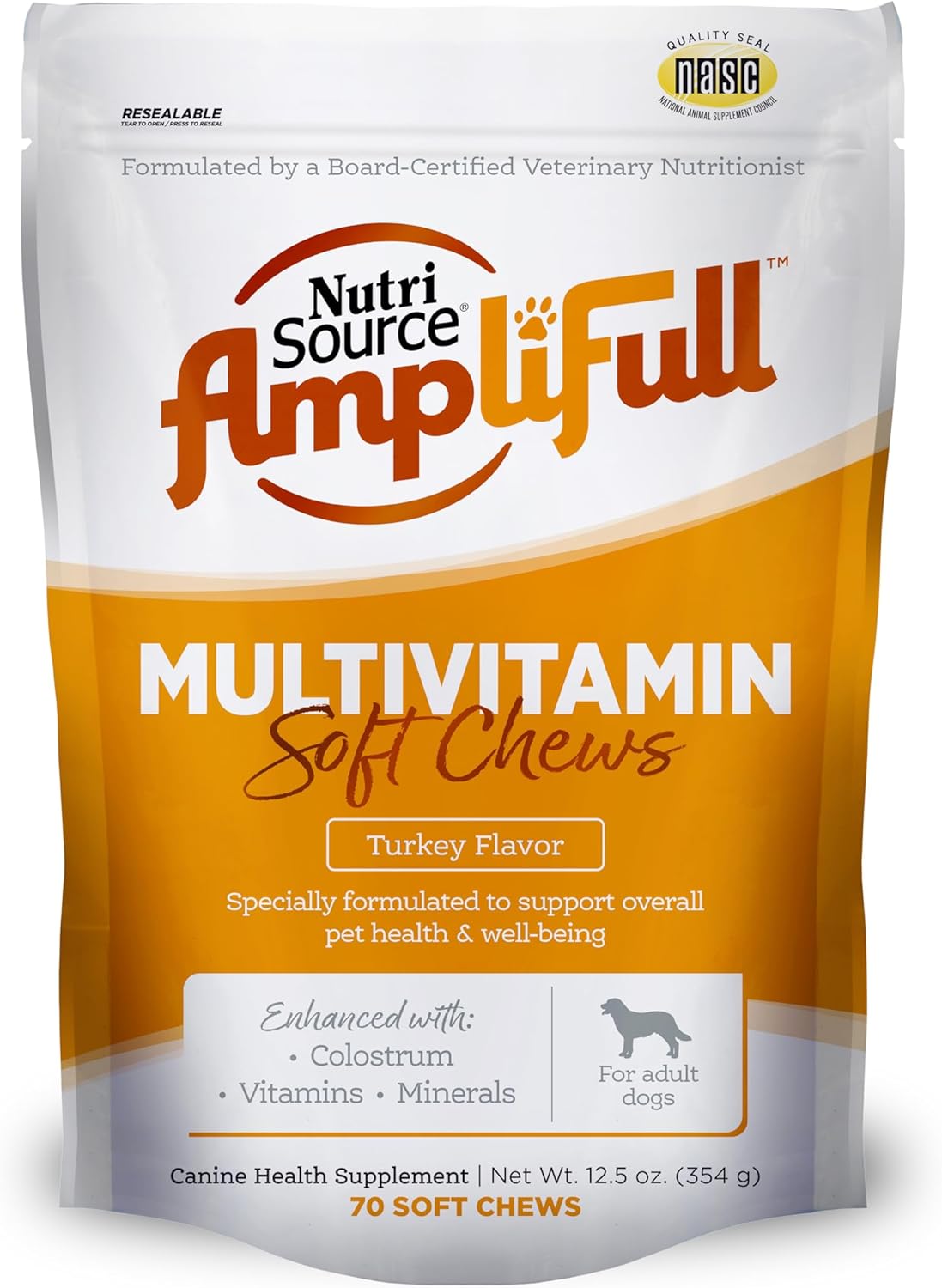 NutriSource AmpliFull Turkey Flavor Multivitamin Soft Chews for Dogs, Daily Supplement with Bovine Colostrum, Essential Vitamins & Minerals for Overall Health, 70 Chews (1 Pack)