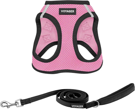 Best Pet Supplies Voyager Step-in Air All Weather Mesh Harness and Reflective Dog 5 ft Leash Combo with Neoprene Handle, for Small, Medium and Large Breed Puppies - Pink Base, XXS