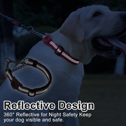 Cymiler Martingale Dog Collar with AirTag Holder, Reflective Nylon Training Collar, Stainless Steel Chain, Heavy Duty Buckle, Limited Slip Collars for Small Medium Large Dogs (Red, Large)