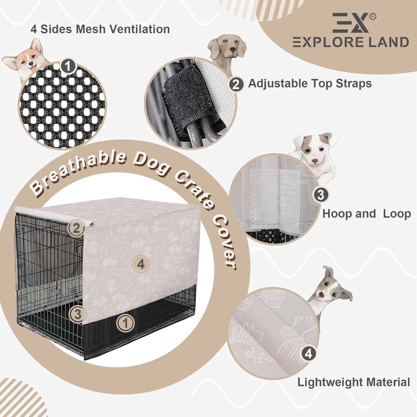 Explore Land Breathable Dog Crate Cover - 4 Sides Mesh Ventilation,Basic Pet Kennel Cover, All Sides Open, Universal Fit for 1 2 3 Doors 48 inches Wire Dog Crate （Dog Print ）
