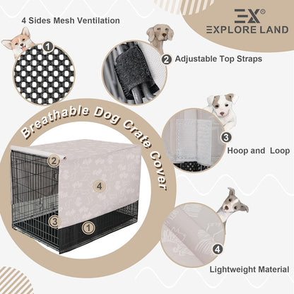 Explore Land Breathable Dog Crate Cover - 4 Sides Mesh Ventilation,Basic Pet Kennel Cover, All Sides Open, Universal Fit for 1 2 3 Doors 48 inches Wire Dog Crate （Dog Print ）
