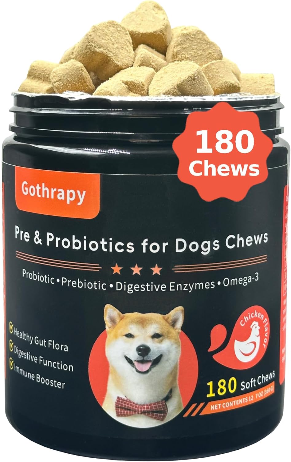 Probiotics for Dogs | Digestive & Gut Health Support | Vet-Formulated Pet Supplement with Prebiotics, Enzymes & Colostrum | Helps with Gas & Upset Stomach | Chicken Flavor - 180 Soft Chews
