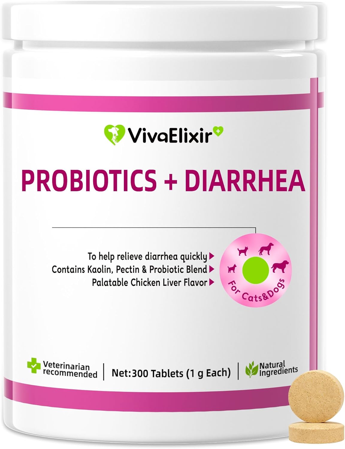 Probiotics for Dogs - Diarrhea Relief for Dogs and Cats - Supports Relief of Diarrhea and Loose Stools - Supports Digestive Balance and Gut Health - with Kaolin Clay and Probiotics - 300 Tablets