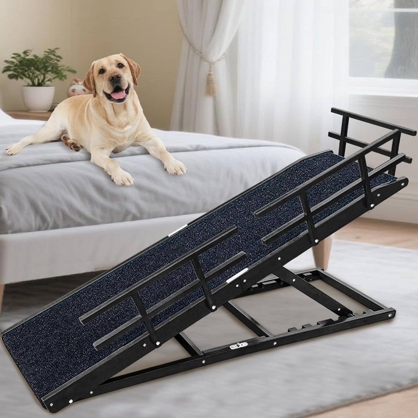 Dog Ramp for Bed - 65" Length, Supports up to 32" Height,Includes Non-Slip Replaceable Carpet, Safety Rails & Landing Platform,Adjustable & Foldable Pet Ramp for Large/Senior Dogs to Get on Bed-Black