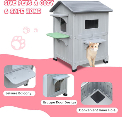 Plastic Outdoor Cat House with Escape Door, Waterproof 2 Story Outdoor Houses for Feral Cats Outside Cat Shelter, Spacious, Clean and Assemble Easily