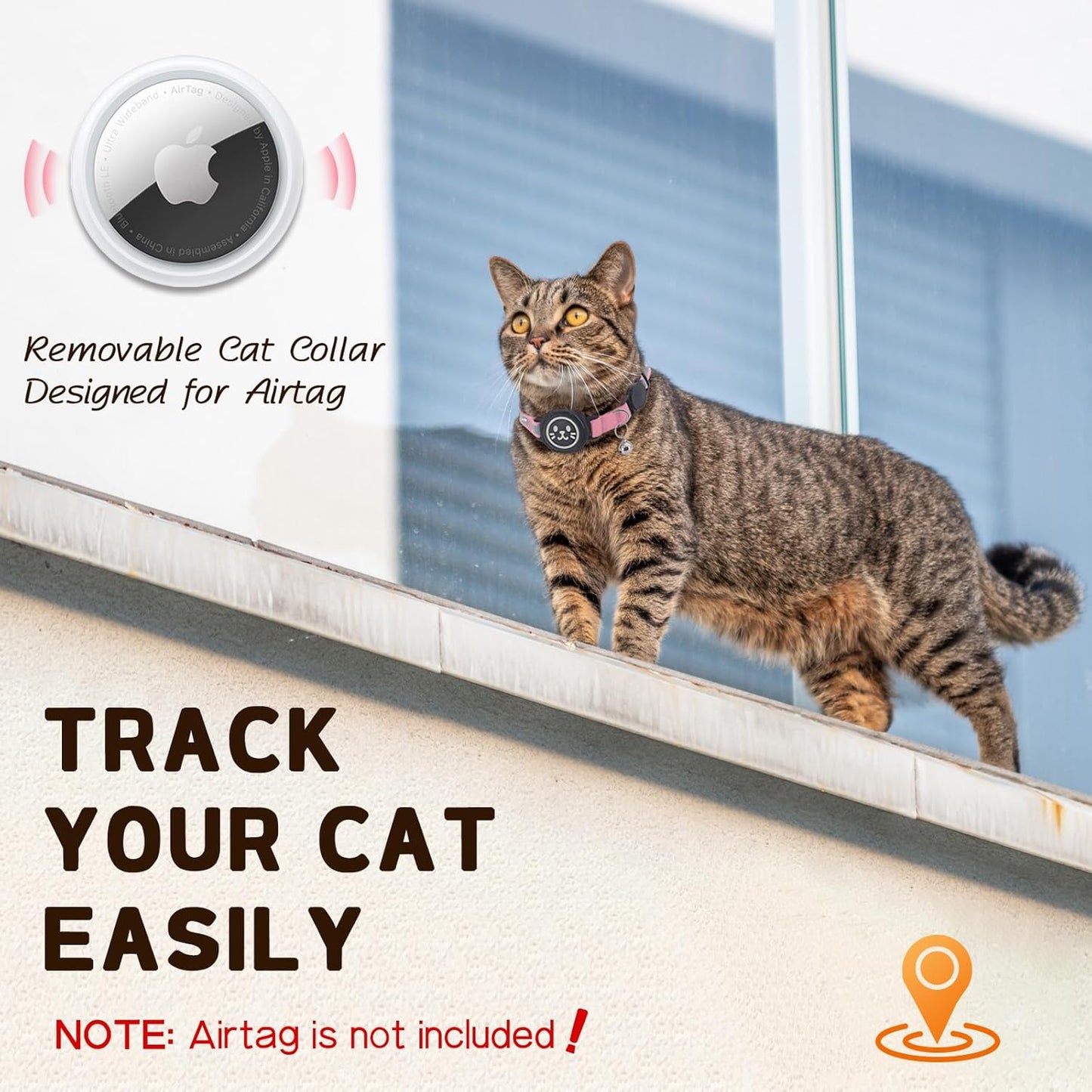 AirTag Cat Collar Non Breakaway, Reflective GPS Cat Collar Adjustable with Bell and Safety Elastic Strap for Kittens, Lightweight Cat Airtag Collar for Girl Boy Cats(Pink, L)