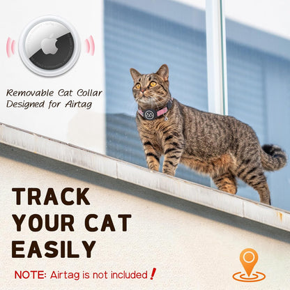 AirTag Cat Collar Non Breakaway, Reflective GPS Cat Collar Adjustable with Bell and Safety Elastic Strap for Kittens, Lightweight Cat Airtag Collar for Girl Boy Cats(Pink, L)