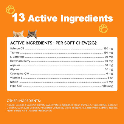 Cardio Chews for Cats - Advanced Cardiovascular Care - Heart Health & Circulation Support with Salmon Oil, Taurine, CoQ10 & More - Feline Supplement for Optimal Cardiac Function (Salmon)
