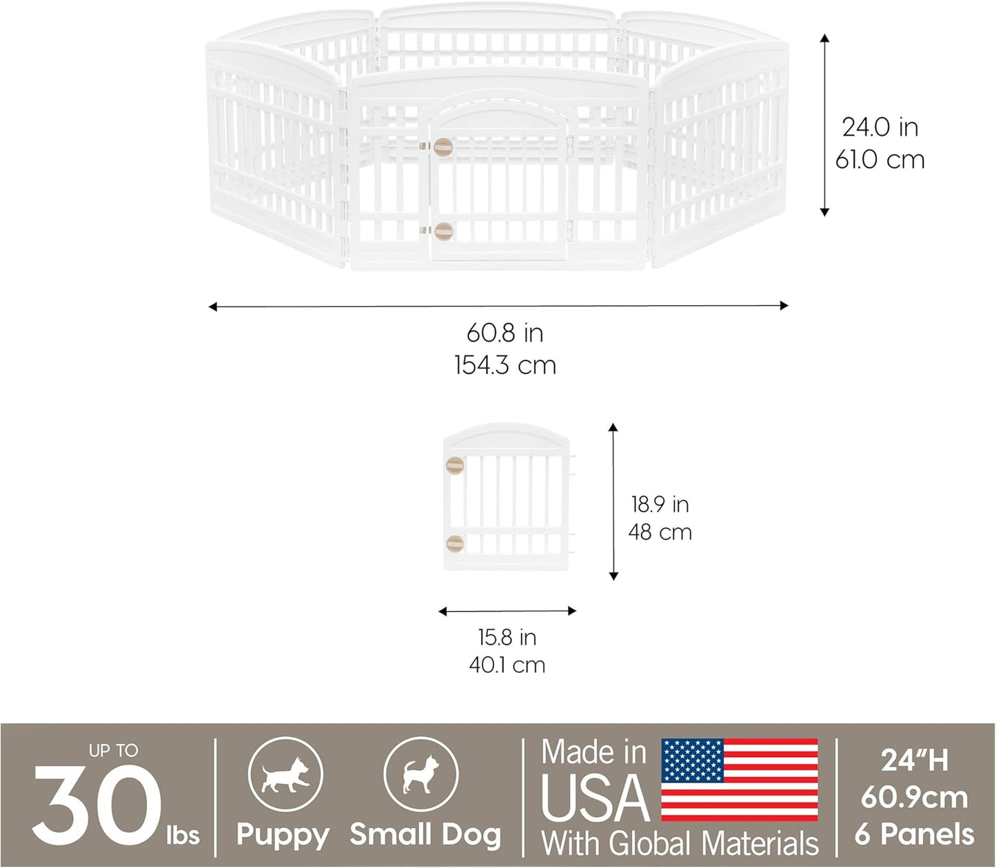 IRIS USA 24" 6-Panel Dog Playpen with Door, 61 x 61 x 24, Puppy Playpen, Dog Play Pen Indoors, Pet Fence, Puppies/Small Dogs, White