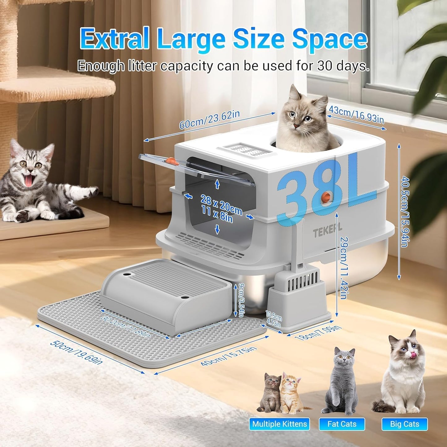 Stainless Steel Cat Litter Box, Enclosed Top Entry with 180° Flip Lid, XL Large Anti-Leak Litter Pan for Big Cats, Odor-Proof & Easy Clean, Includes Scoop (Grey)