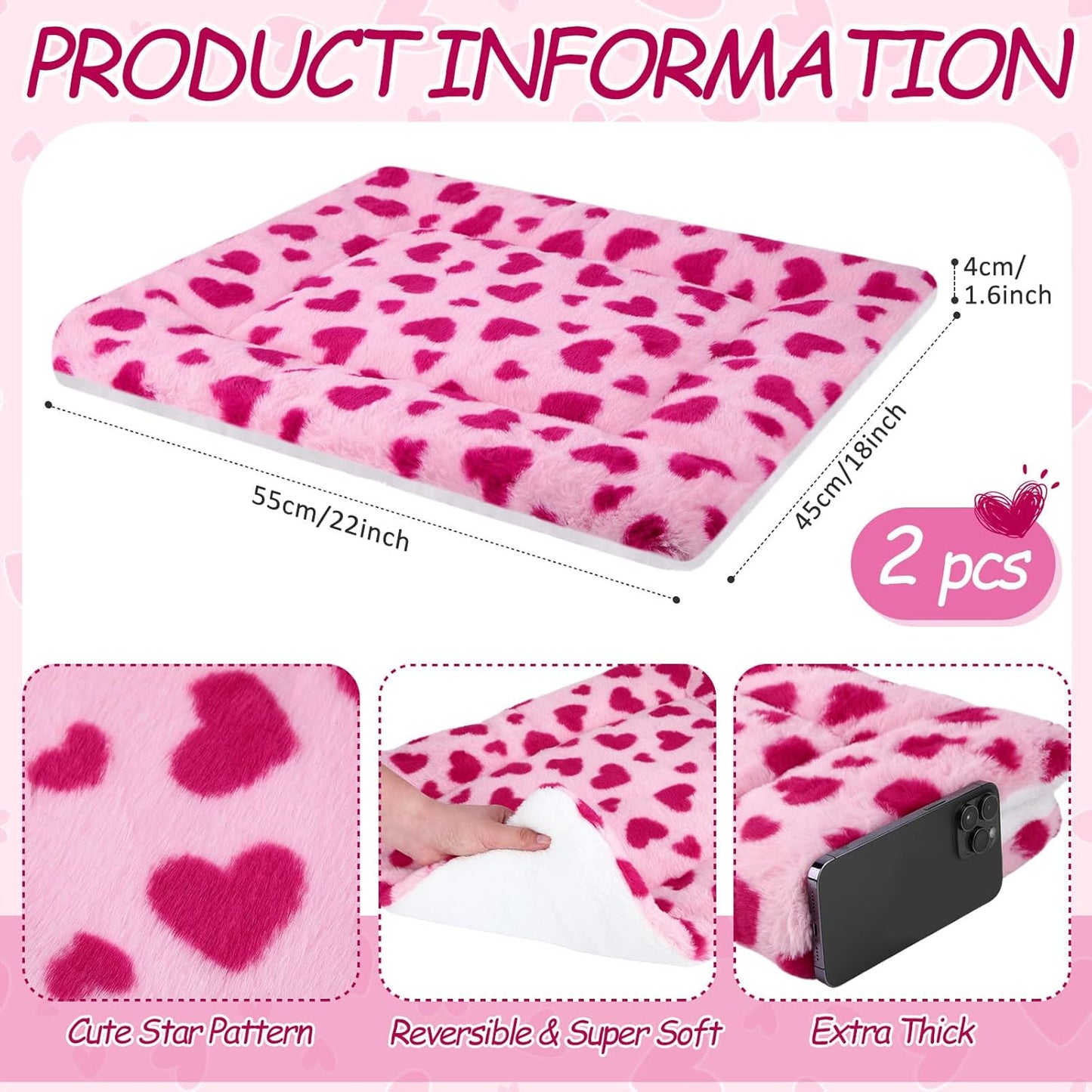 VitalCozy 2 Pack Self Warming Cat Mat Self Heating Pad Bed Reversible Machine Washable Reflects Body Heat Warm Thermal Pet Pad Crate Blanket for Feral and Indoor Cat(Pink, Red,22'' X 18'',Heart)