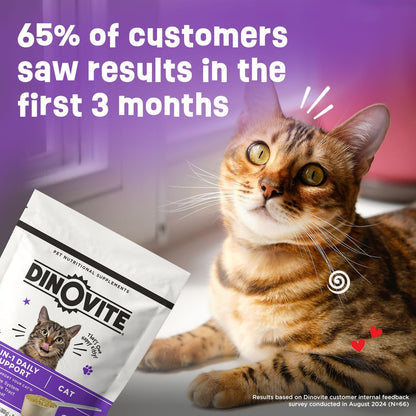 Dinovite for Cats Supplement - Immune + Digestive, Skin + Coat Support, Vitamins, Minerals, Omega 3, Enzymes, Probiotics. Reduces Shedding, Dry Skin, Itching, Stinking, Bald Spots, Seasonal Issues