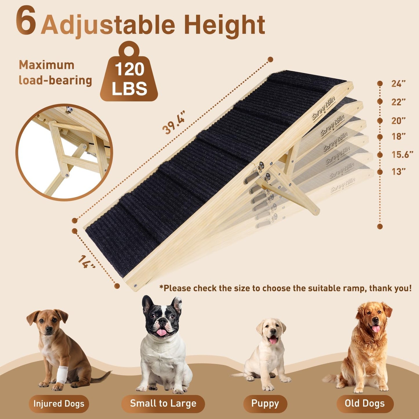 2025 Upgraded Dog Ramp for Bed - Foldable Small Large Dog Ramp for Couch - 6 Adjustable Height from 13" to 24" - Portable Pet Stairs with Non-Slip Pad - Pet Ramps Use for Bed Couch Car Up to 120LBS