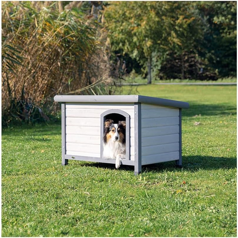 Trixie Natura Classic Dog House - Wooden Outdoor Shelter with Weatherproof Sealer, Hinged Roof & Adjustable Legs for Small Dogs - Gray - 23.75 x 33.5 x 23 in