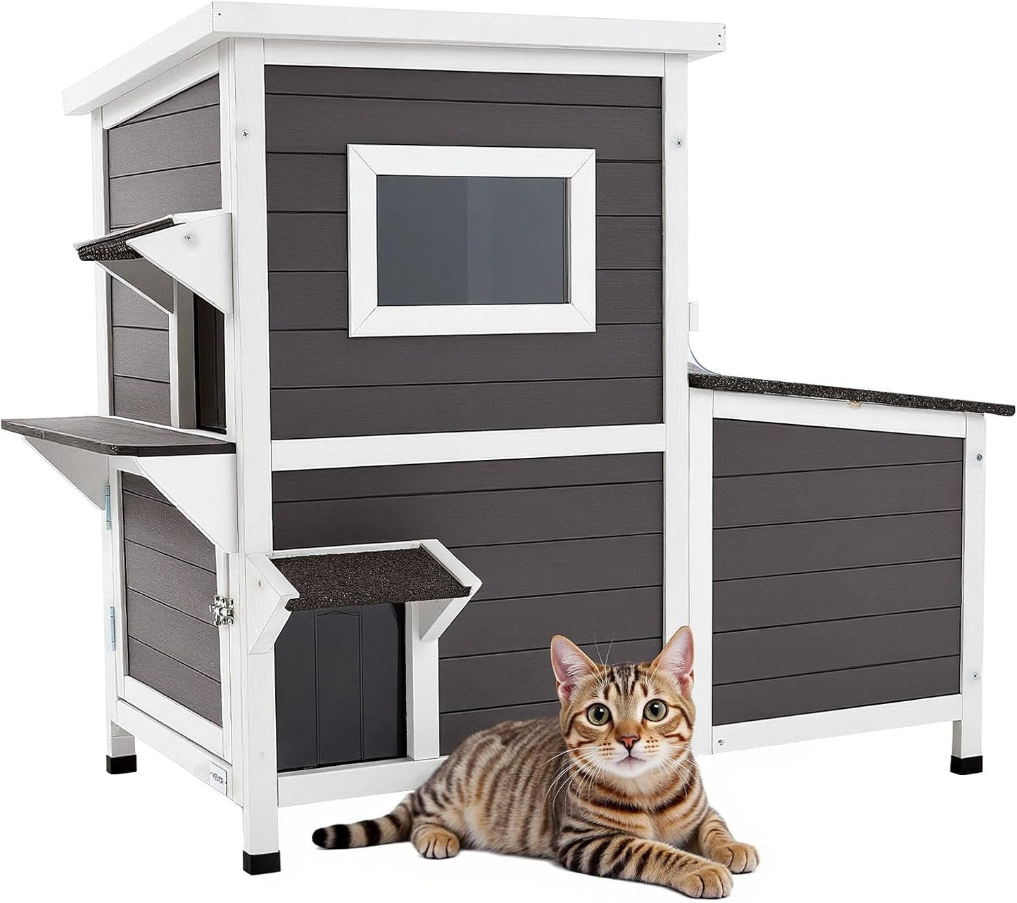 VEVOR Outdoor Cat House, 2-Story Wooden Cat Shelter for 3 Outside Cats in Winter, Elevated Feral Kitty Shelter with Stairs, Clear Window & Flap Doors, Waterproof Cats Condos for Garden 42 × 25 × 34 in