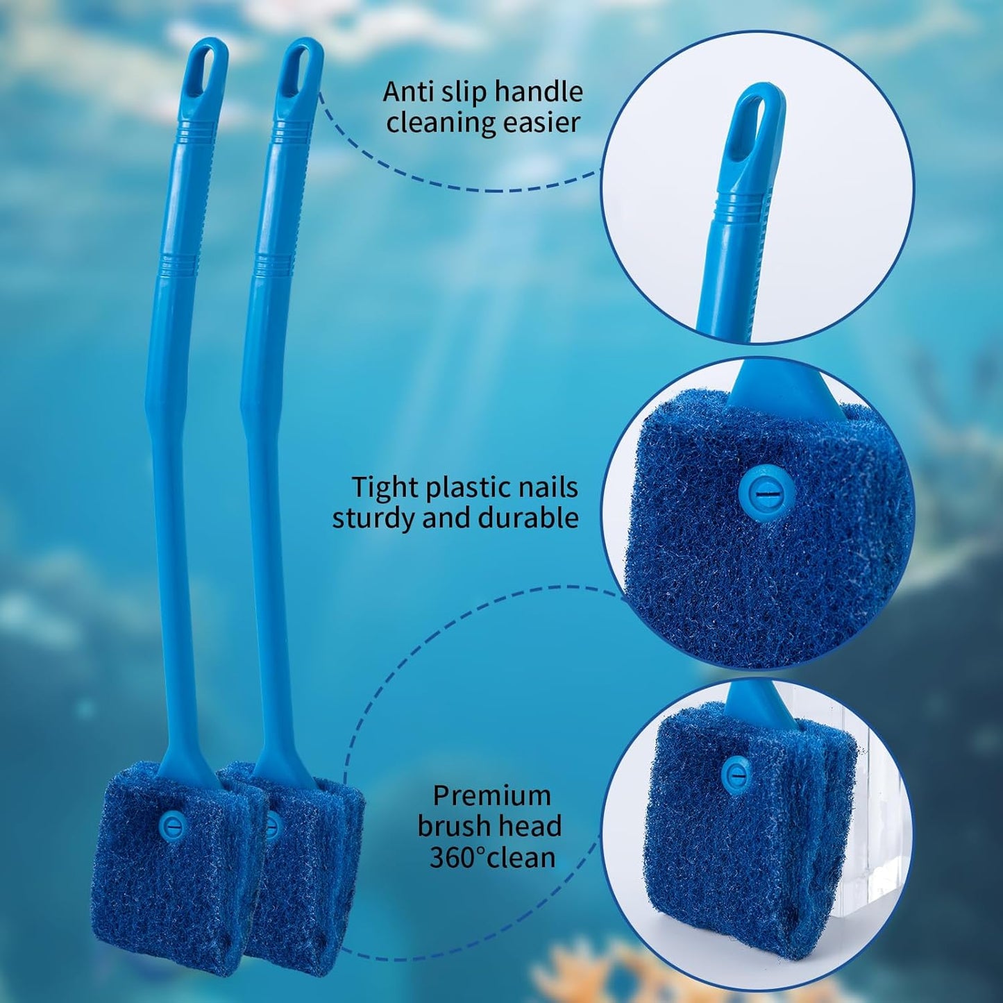 SLSON Aquarium Algae Scraper Double Sided Sponge Brush Cleaner Long Handle Fish Tank Scrubber for Glass Aquariums and Home Kitchen,15.4 inches (1)