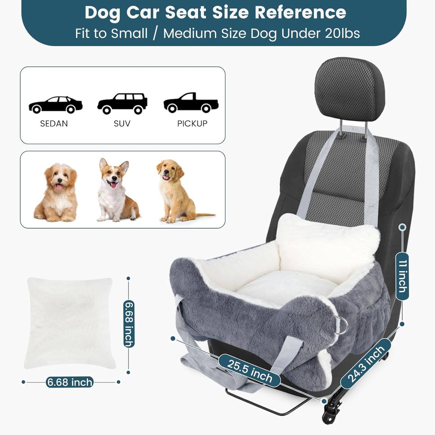 25.5"x24.3"x11" Dog Car Seat for Small Dogs & Cats, Dog Booster Car Seat with Plush Cushion, Non-Slip Bottom & Safety Leash, Cats Bed with Side Pocket for Sedan, SUV and Truck, Washable