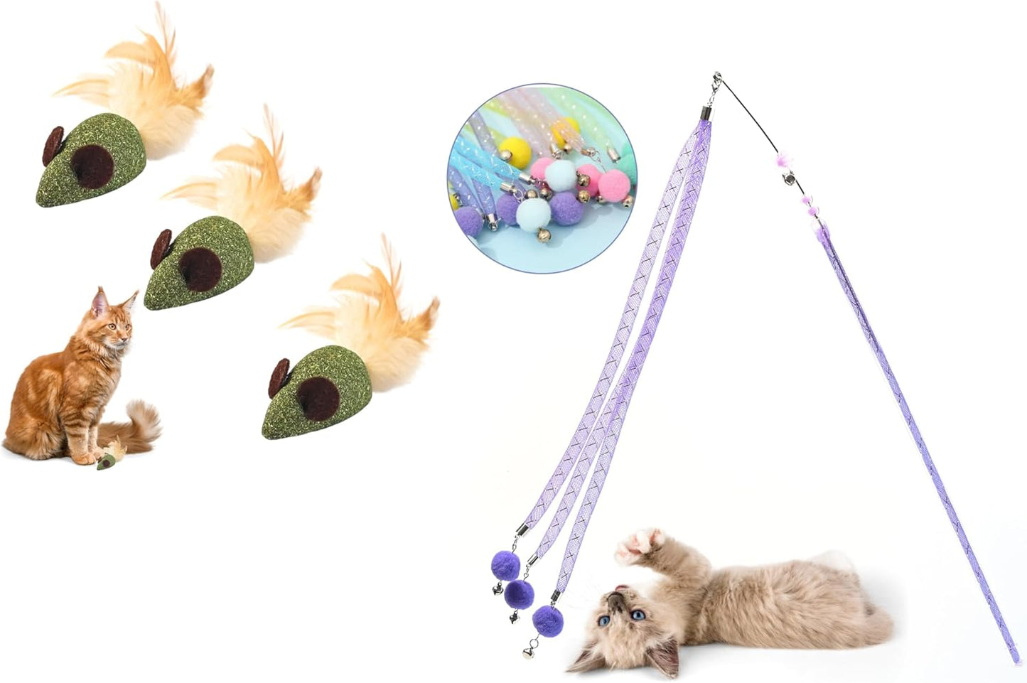 Yeahgoshopping Interactive Cat Toys Wand & 3 Pcs Catnip Mice Toys Feather Tails, Cat Exercise, Boredom Relief & Teeth-Cleaning Kitten (Cat Toys Wand + 3 Pcs Catnip Mice Toys)