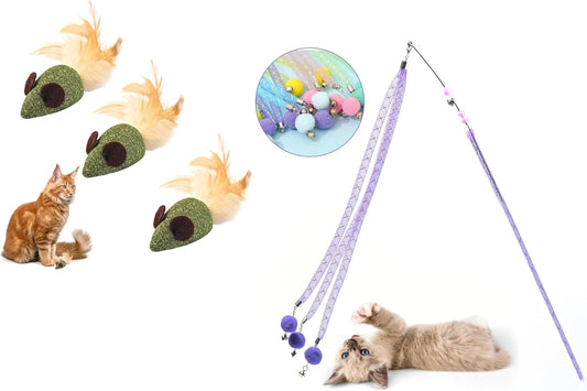 Yeahgoshopping Interactive Cat Toys Wand & 3 Pcs Catnip Mice Toys Feather Tails, Cat Exercise, Boredom Relief & Teeth-Cleaning Kitten (Cat Toys Wand + 3 Pcs Catnip Mice Toys)
