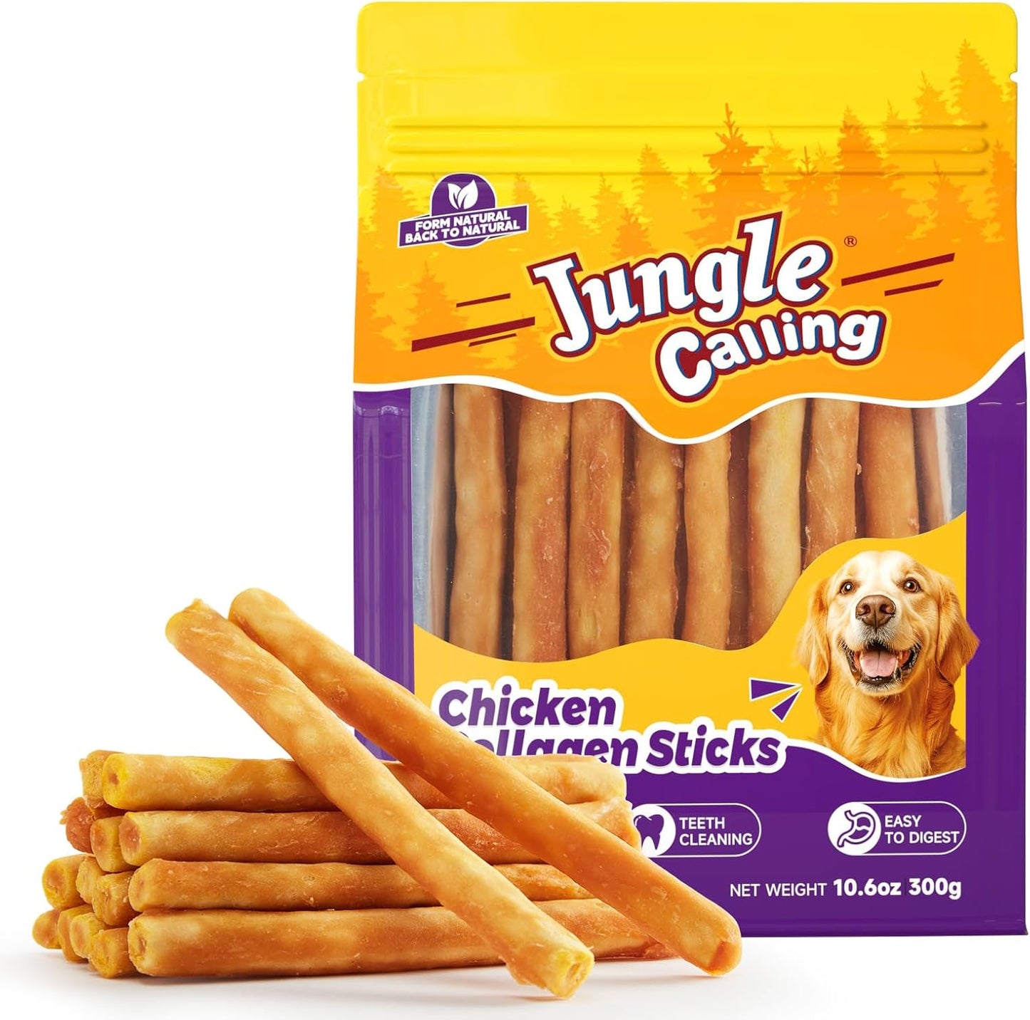 Jungle Calling Collagen Sticks for Dogs, Chicken Flavored Chews, Long Lasting Rawhide Alternative Treats for Small Medium Dog, Healthy Chew Bones, 5 Inch 10.6 oz