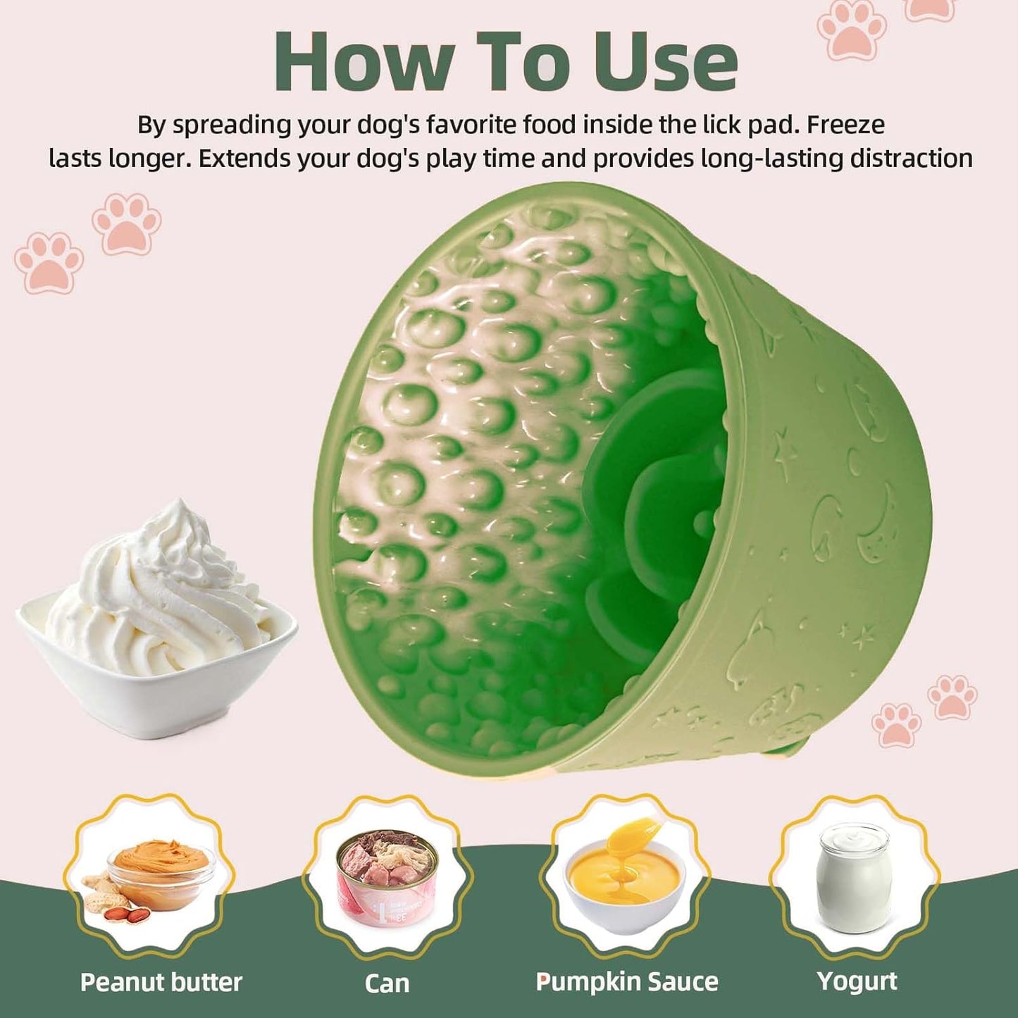 Dog Slow Feeder Lick Bowl, Non-Slip Dog Licking Treat Dispenser, Slow Feeder Bowls for Small Medium Large Breed Dogs, Anxiety Relief & Anti-Choking, BPA Free Silicone (Green, 1.6 Cup)