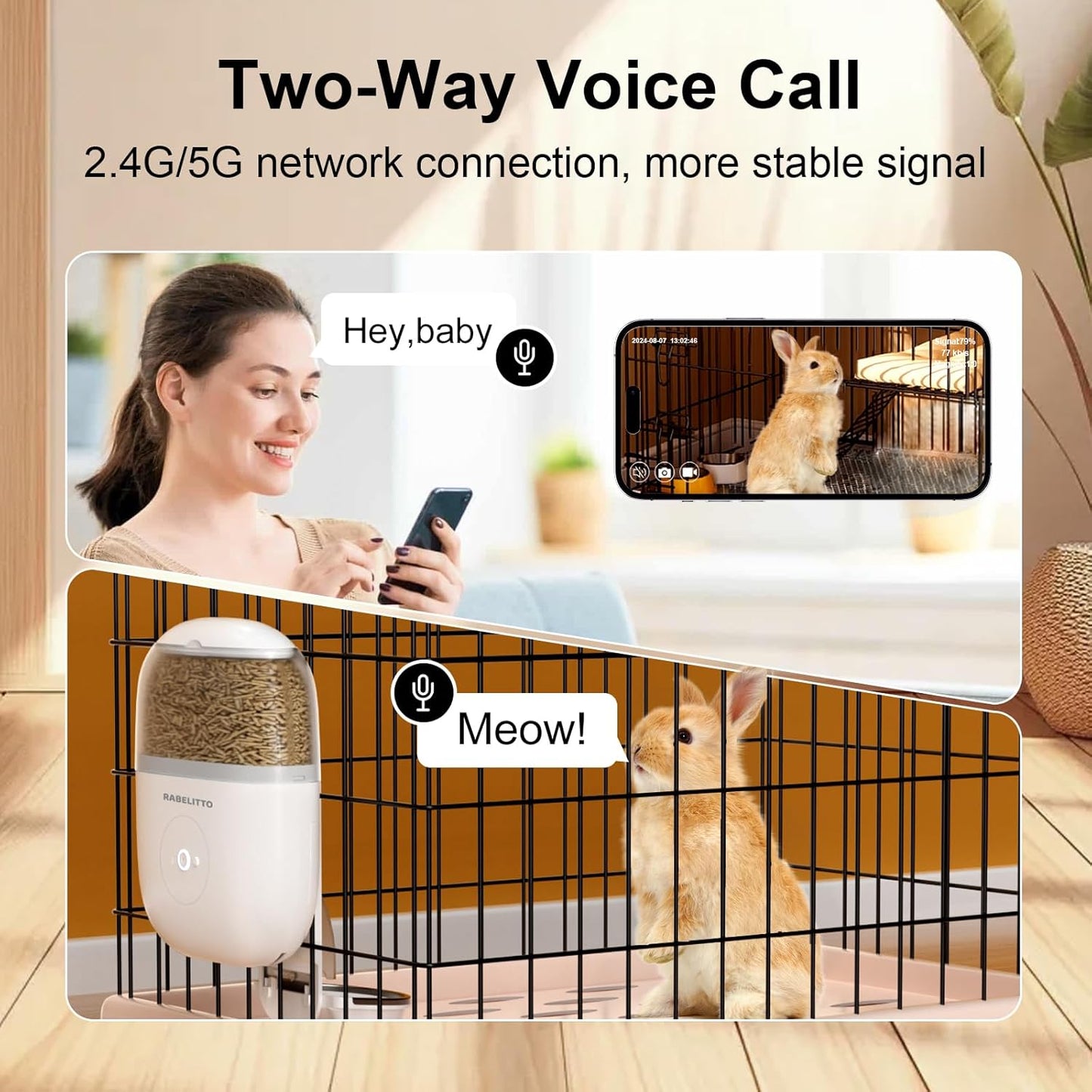 Hanging Automatic Rabbit Feeder with 1080P HD Camera,WiFi Smart APP Control 1-10 Meals A Day, 62oz Storage, Multiple Pet Cage Compatibility, Small Animal Food Dispenser for Bunny Chinchilla Guinea Pig