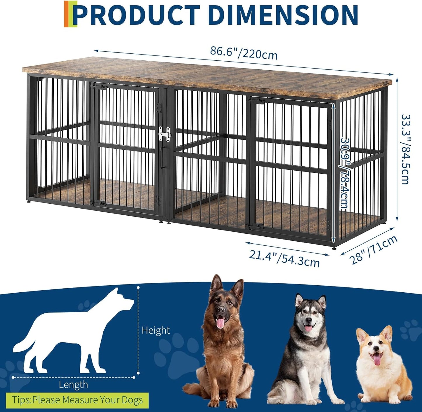 Extra Large Double Dog Crate Furniture with Divider – Heavy Duty Wooden Kennel Cage – Fits 2 Medium or Large Dogs – 3 Doors, Modern TV Stand, Indoor Pet House – Black