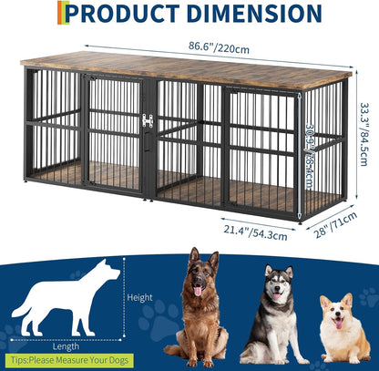 Extra Large Double Dog Crate Furniture with Divider – Heavy Duty Wooden Kennel Cage – Fits 2 Medium or Large Dogs – 3 Doors, Modern TV Stand, Indoor Pet House – Black